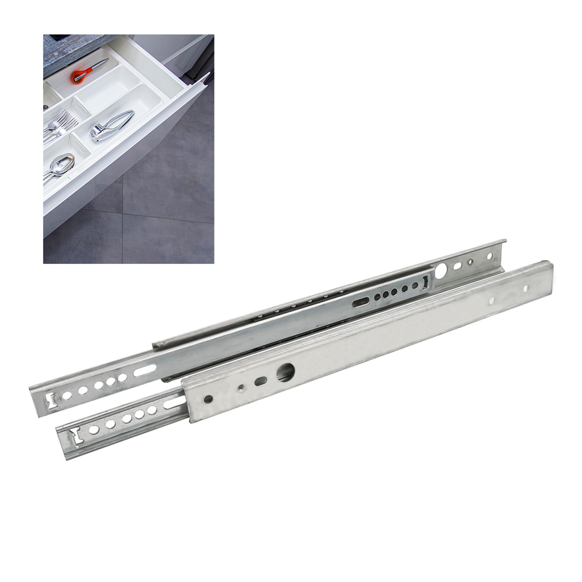 Amig - Set of 2 Metal Sliding Drawer Guides | Steel | for Furniture Drawers, Drawers or Cabinets | Partial Extraction | Load Resistance: 25 kg/Pair | Measurements: 437 x 27 mm