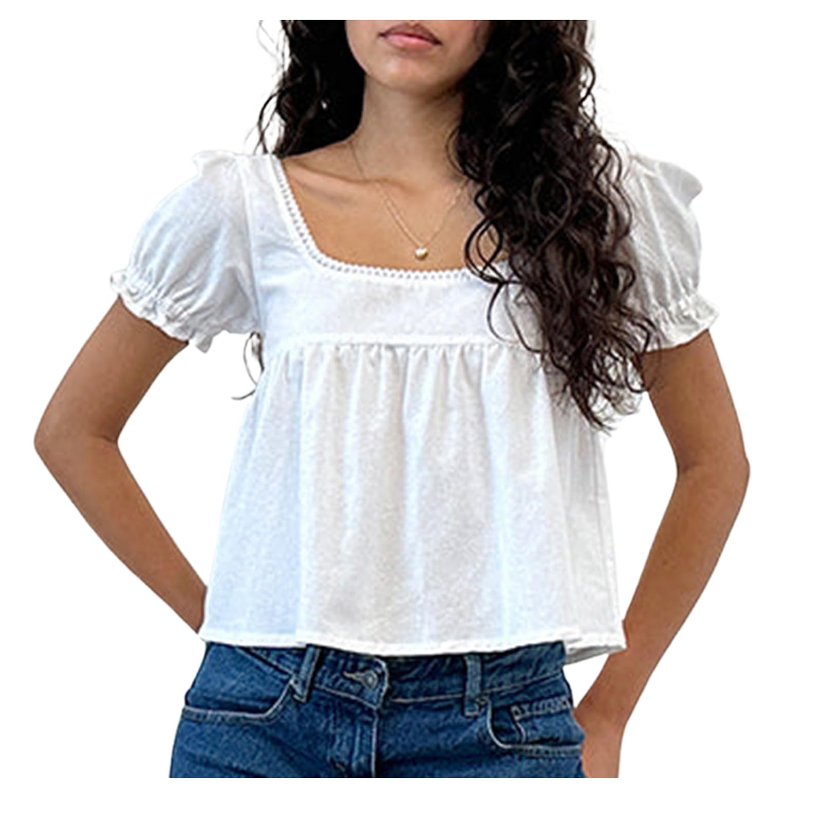 Photo 1 of (MEDMIUM) (BAGGED) (USED/FAIR) Women Y2k Lace Square Neck Top Puff Short Sleeve Ruched Ruffle Hem Crop Shirt Cute Fairy Peplum Flowy Babydoll Tee (White, M)