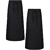 Xtinmee 2 Packs Long Bistro Server Aprons with Two Pockets Black Waterproof Full Length Waist Waiter Aprons with Extra Long Waist Ties for Bistro Servers Waitress Chef Front House Staff