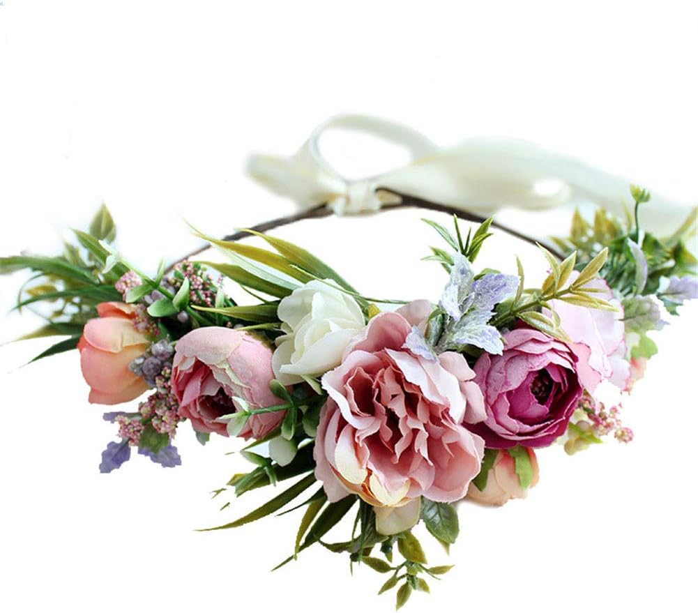 GumolutinWomen Flower Headband Wreath Crown Handmade Adjustable Halo Floral Wedding Garland Headband Photo Props