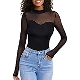 Women's See Through Mesh Tops - Long Sleeve Mock Neck Sheer Tee Top Casual Club Party T Shirts