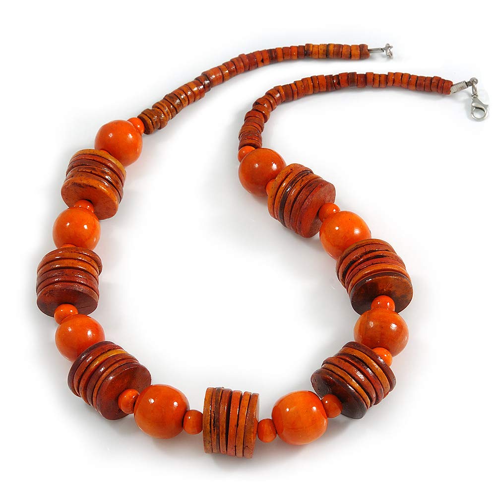 Avalaya Orange Wood Button & Bead Chunky Necklace - 60cm Long