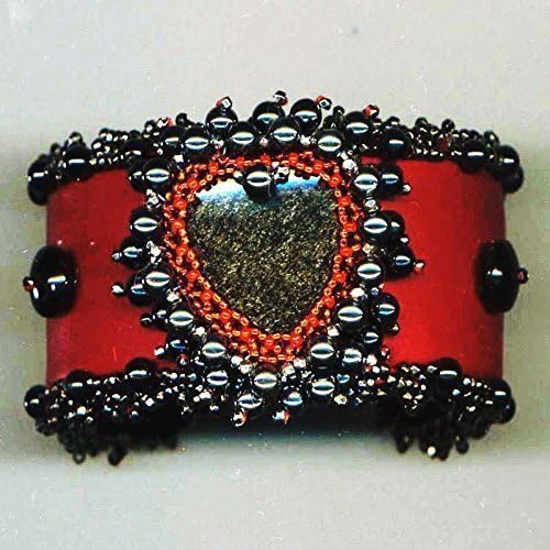 Beaded Heart Cuff Bracelet with Hematite Metallic Gray Beads and Bright Red Leather