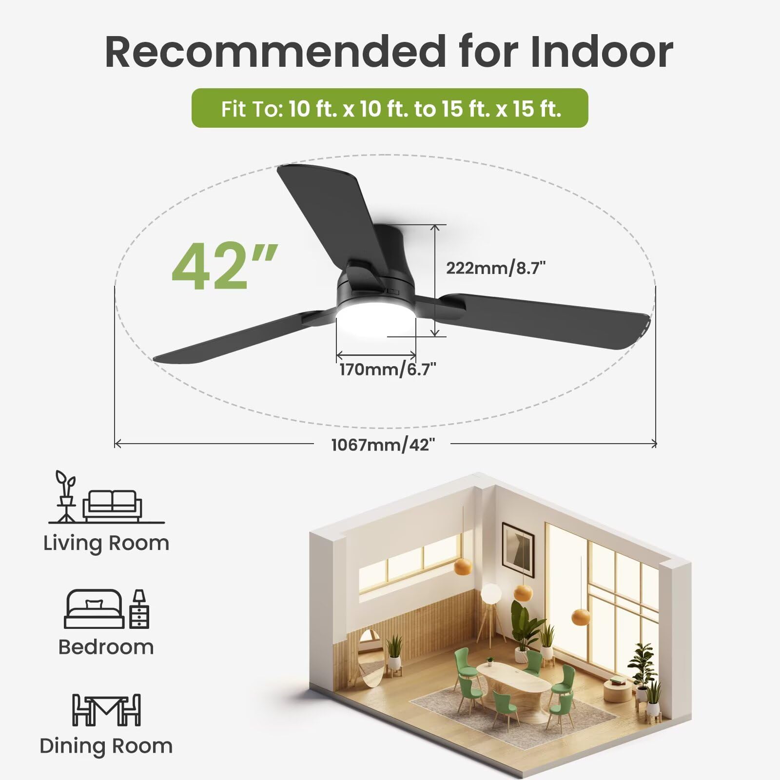 Ceiling Fans with Lights and Remote: 42 Inch Modern Black Ceiling Fan, Low Profile Flush Mount, Quiet Reversible DC Motor & 3CCT Dimmable LED for Bedroom Living Room Kitchen Indoor Outdoor