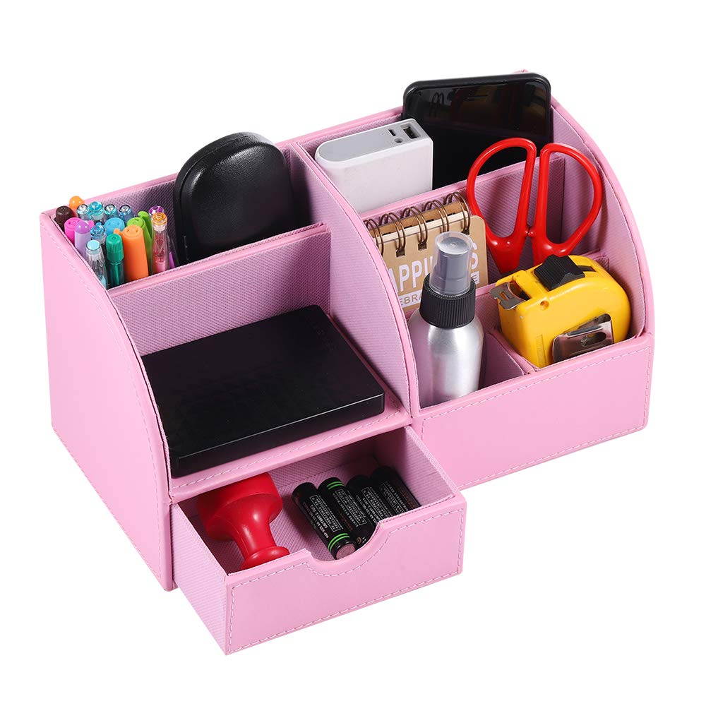 YANGHX Desktop Organizer with Drawers 7 Compartment Multi-Function Desk Organizer Storage Box (Pink)
