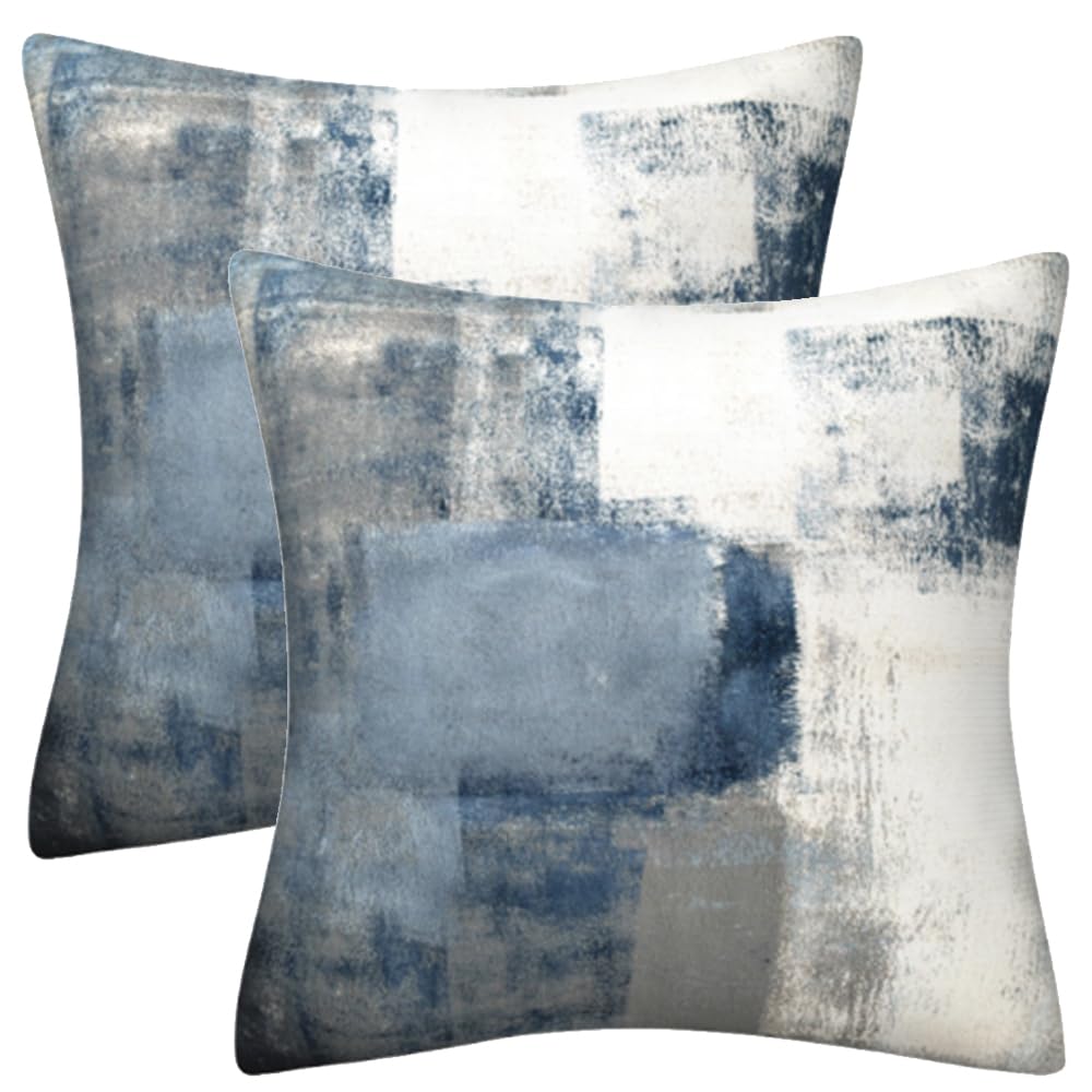 LTDKAEN Blue Abstract Art Cushion Covers 45x45cm Set of 2 Blue White Home Decorative Short Plush Throw Pillow Covers for Sofa Bedroom
