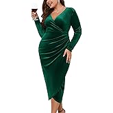 ZOMVA Plus Size Velvet Wrap Dress Ruched Bodycon Dress Long Sleeves Ruffle Long Elegant Party Wedding Guest Cocktail Holiday