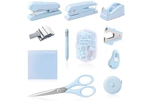 KOGCMEETL Blue Desk Accessory Kit Cute Office Supplies Set Desktop Stapler Set Includes Staple Remover Hole Punch Tape Dispenser Ballpoint Pen Scissor Mini Box Cutter Tape Measure Paper Clips Sticky Notes