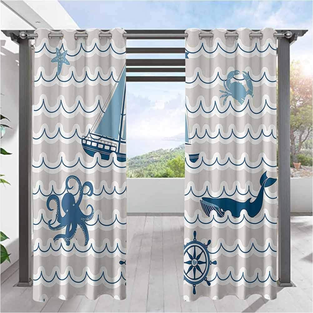 Outdoor Decor Nautical Decor Kids Curtain Outdoor Decor Wave Pattern With Nautical Elements Icons Octopus Crab Starfish And Whale Artwork 100w X 84l Inch Patio Lawn Garden Umrahku My