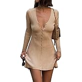 GCZREN Women Sexy Deep V Neck Button Front Knit Mini Dress Elegant Long Sleeve Ribbed Flowy Hem A-Line Short Dresses