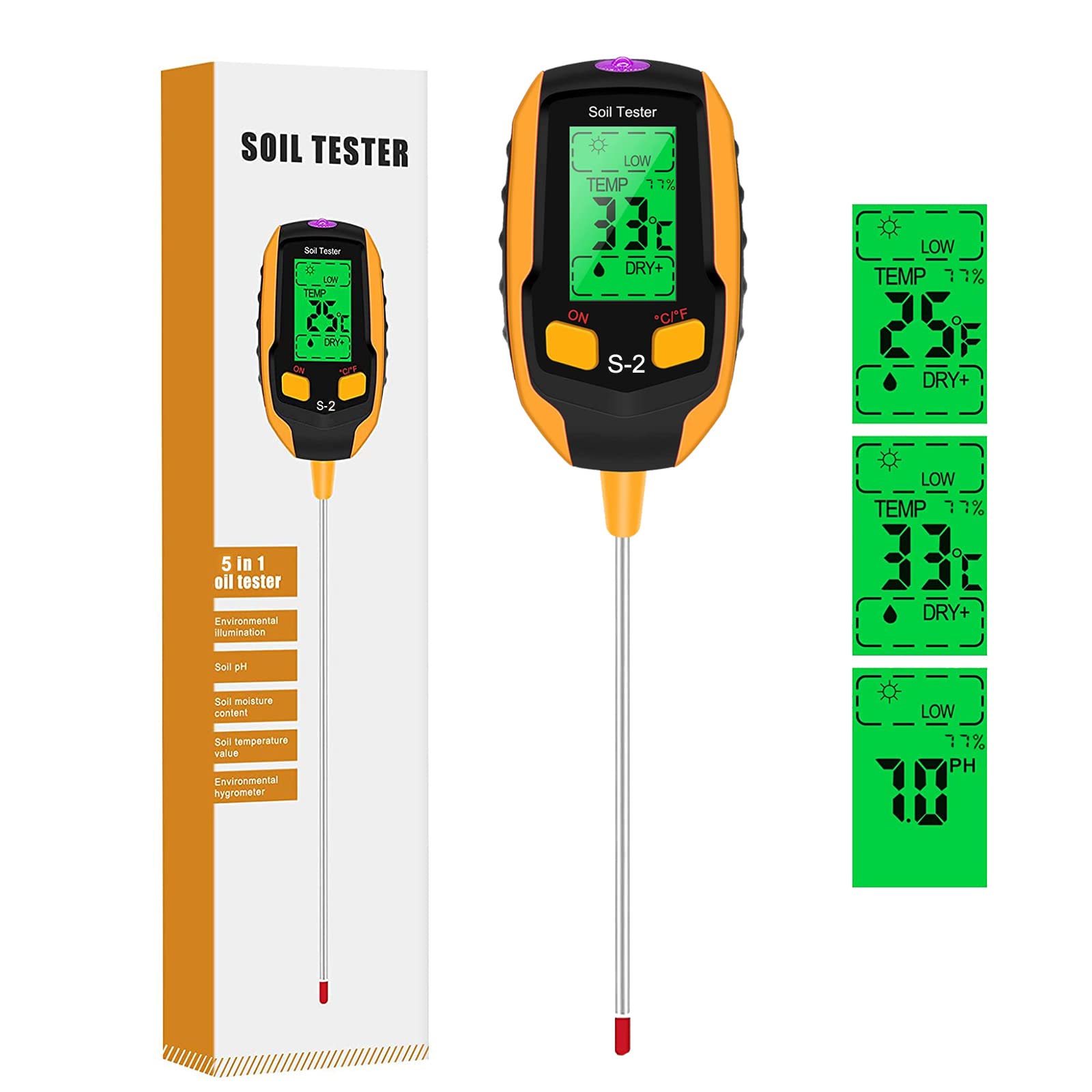 Justmetr 5 in 1 Soil PH Meter, Soil Tester Moisture, Digital Plant Thermometer Test, Moisture Meter Light and PH Tester for Plants, Gardens