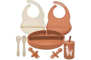 LITTLE RAWR Silicone Baby Feeding Set, Baby Led Weaning Supplies, Baby Spoons Suction Divided Plate Bib Cup, First Stage Solid Food Eating Utensils - 6+ Months(Orange-Beige)