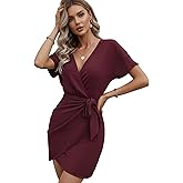 winkbay Women's Elegant Wrap Tie Waist Mini Dress Ruched Deep V Neck Short Sleeve Summer Work Dresses