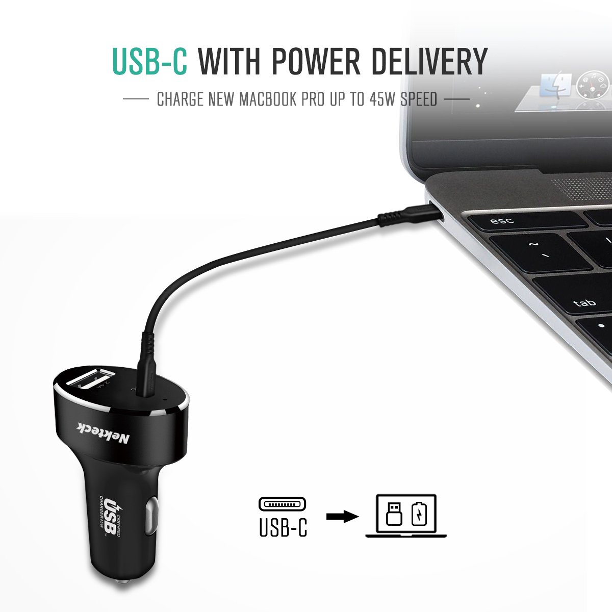 Type C Car Charger, Nekteck USB Adapter with 45W Power Delivery and 12W A Port Compatible with iPhone, iPad, MacBook, Galaxy, Google Pixel, 3.3ft Cable Included, NOT Ideal for Note10+PPS