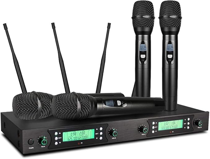 Wireless Microphone System Set UHF 4 Channel Metal Receiver with 4