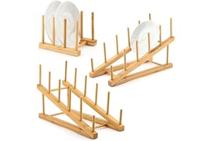 Velarionna 3pack Wooden Dish Drying Rack Bamboo Plate Dish Rack Stand Wooden Plate Holders for Displaying Pot Lid Holder for Plate, Dish, Cup(Color:Wood)