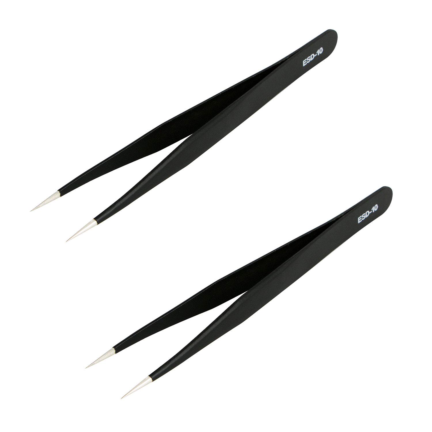 Aoje-Link ESD-10 Professional Anti-Static Precision Technology Tweezers, Non-Magnetic Straight Pointed Tip, Stainless Steel Plastic Coated, Full Length 120mm, Black, 2pcs