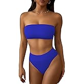 Pink Queen Women's Ribbed High Waisted Bikini Set Removable Strap Bandeau Swimsuit