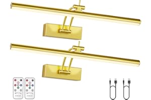 Yuichoy 2 Pack Picture Light Battery Operated for Wall, 16" Wireless Display Art Lighting for Painting with Remote, Dimmable 5200mAh Library Light, Gold Picture Frame Lights for Gallery