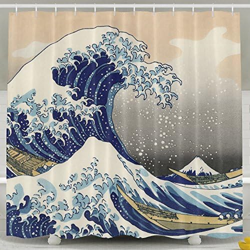 Japanese Kanagawa Wave Decor Shower Curtain Mildew-Free Water-Repellent Polyester Fabric Bathroom Accessories 62W X 70L Inches