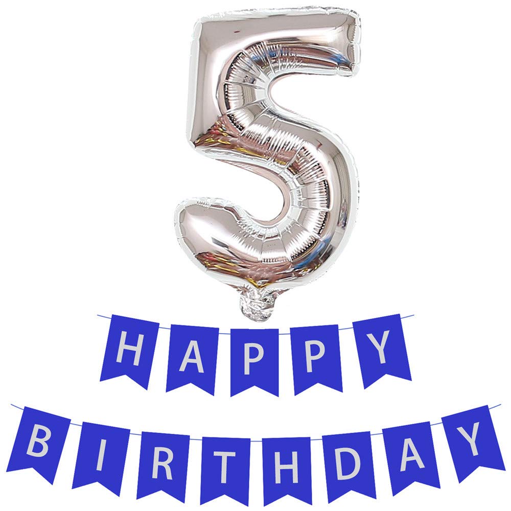 Number 5 Foil Balloons with Happy Birthday Banner Bunting for Boys, 5 Year Old 5th Birthday Helium Foil Balloons Blue Banner for Surprise Party Decorations Anniversary