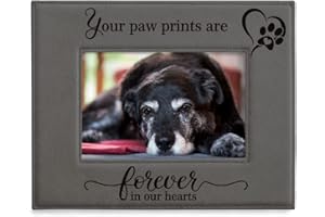 KATE POSH - Your Paw Prints are Forever in our Hearts. Engraved Leather Picture Frame. Memorial Pet Gift, Loss of Dog and Cat, Pet sympathy gift, In memory of (5" x 7" Horizontal)