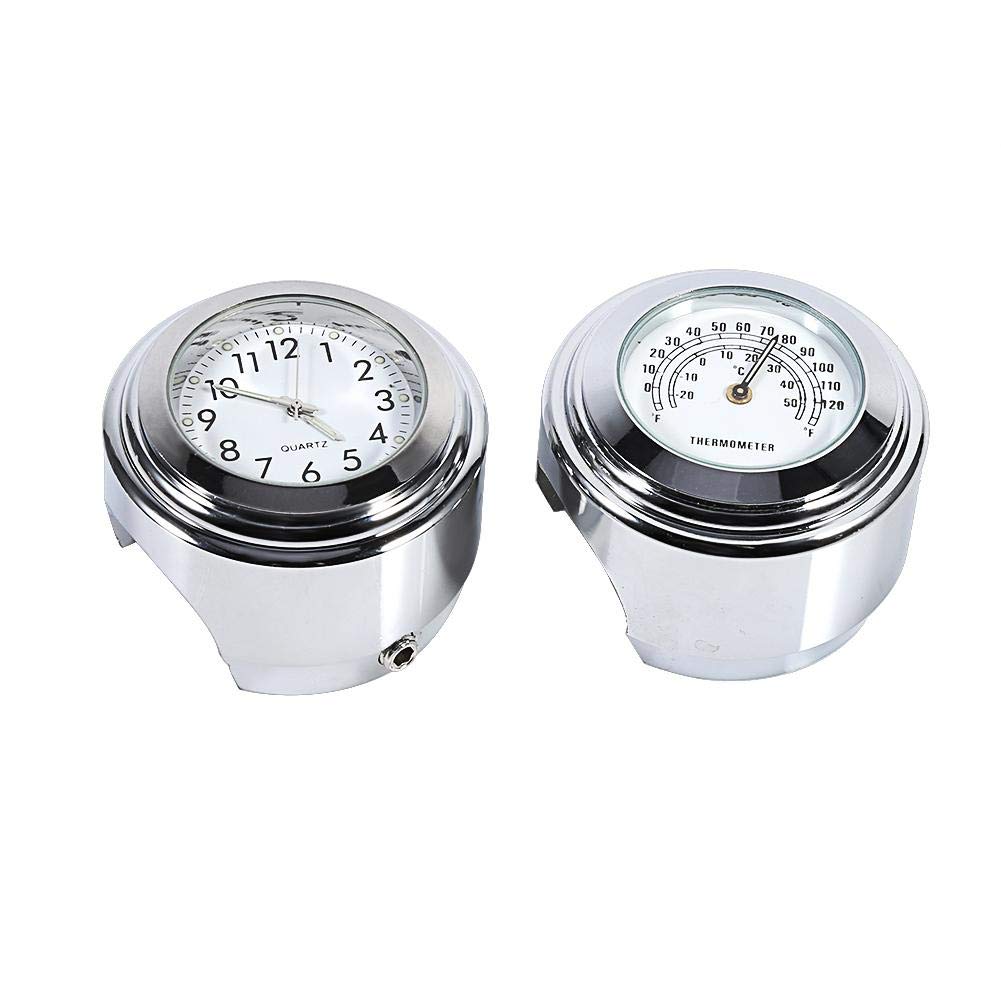 Qiilu Universal Motorcycle Waterproof Handlebar Mount Watch Dial Clock and Thermometer Temp White for Most Motorcycle with 7/8"-1"