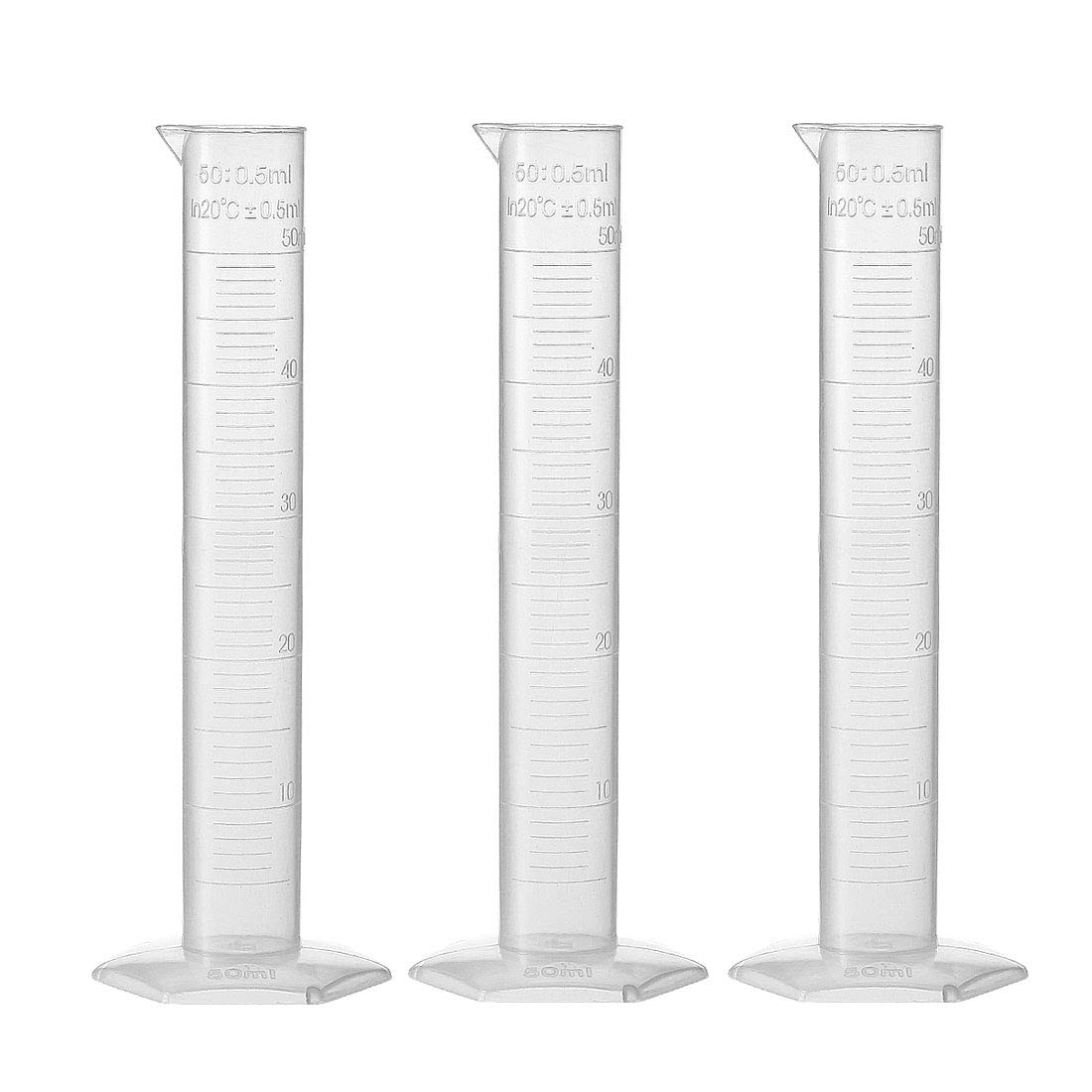 sourcing map Plastic Graduated Cylinder, 50ml Measuring Cylinder, Science Test Tube Beakers, Single Metric Scale, Clear Hex Base Flask for Lab Home 3pcs