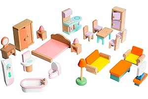 OMYBaby Wooden Dollhouse Furniture Set, 24PCS Dollhouse Accessories with Kitchen, Bathroom, Bedroom, Living Room, Pretend Play Furniture Toys Gift for Boys Girls & Toddlers 3 Year and Up