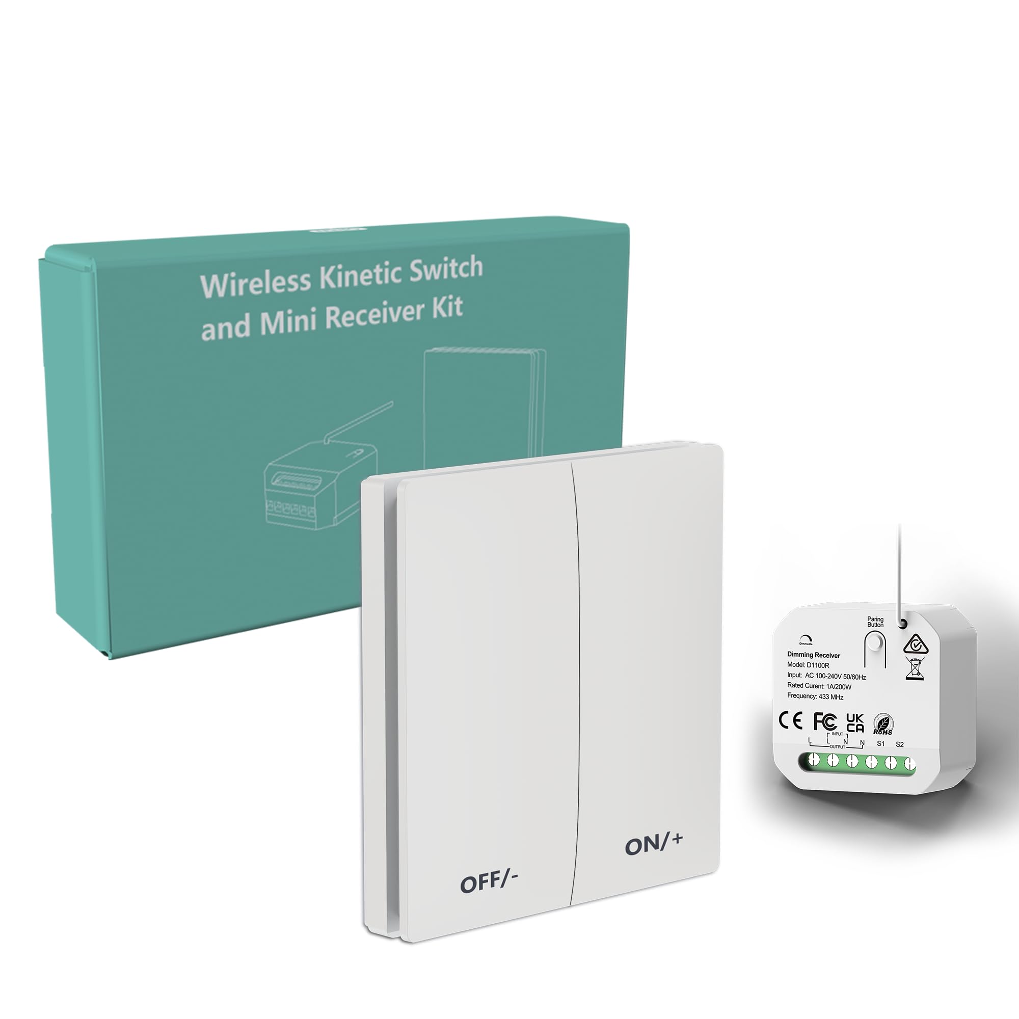 LED Dimmer Switch, Wireless Kinetic Switch Remote Control No WiFi No APP Trailing Edge Triac Dimmer Switches for Dimmable LED/Halogen/Incandescent Lights, Fireproof and IP65 waterproof