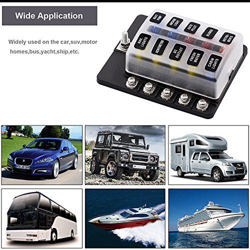 10 Circuit Boat Fuse Box,elecfan 10 Way Fuse Block Waterpoof Cover Blade Fuse Holder 32V Quick Connect Screw Terminal Free Fuses with LED Safety Indicator for Automotive Car Marine Trike (10-way)