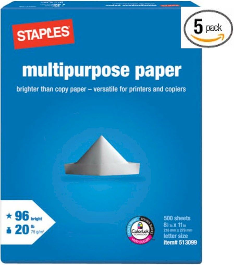 Staples Multi-Purpose Copy Fax Laser Inkjet Printer Paper, 96 Bright White, Acid Free, 8 1/2" H x 11" L Letter Size, 20 lb. Density, 5 Reams Pack, 2500 Total Sheets (513099-5 Ream Multipack)