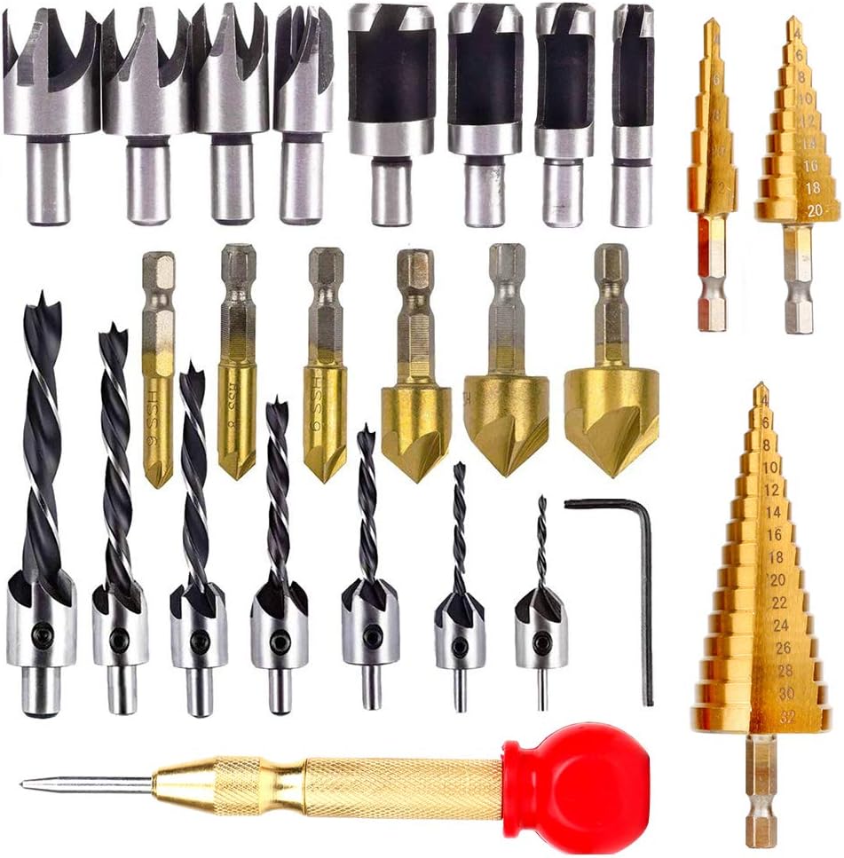 26 Pack Woodworking Chamfer Drilling Tools Set, 6Pcs 1/4" Hex Shank Countersink Drill Bits, 7 Three Pointed Countersink Drill Bit with L-Wrench, 8 Wood Plug Cutter, 3 HSS Step Drill Bit