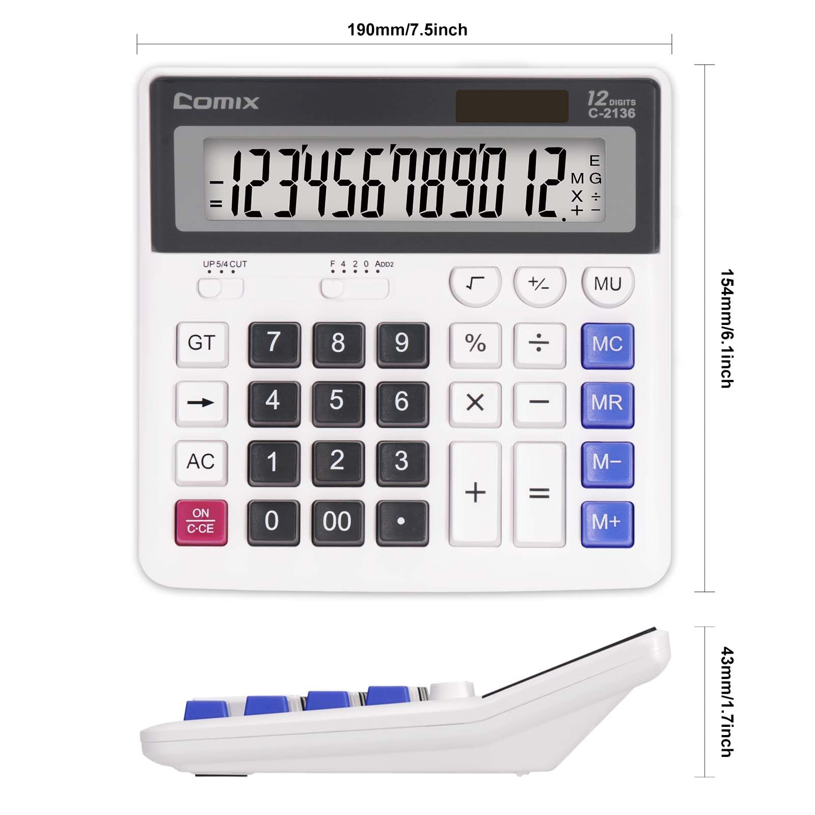 Comix Desk Calculator, 12-Digit Large LCD Display and Big Computer Keys, Solar Battery Dual Power, Desktop Calculator for Home Office School C-2136