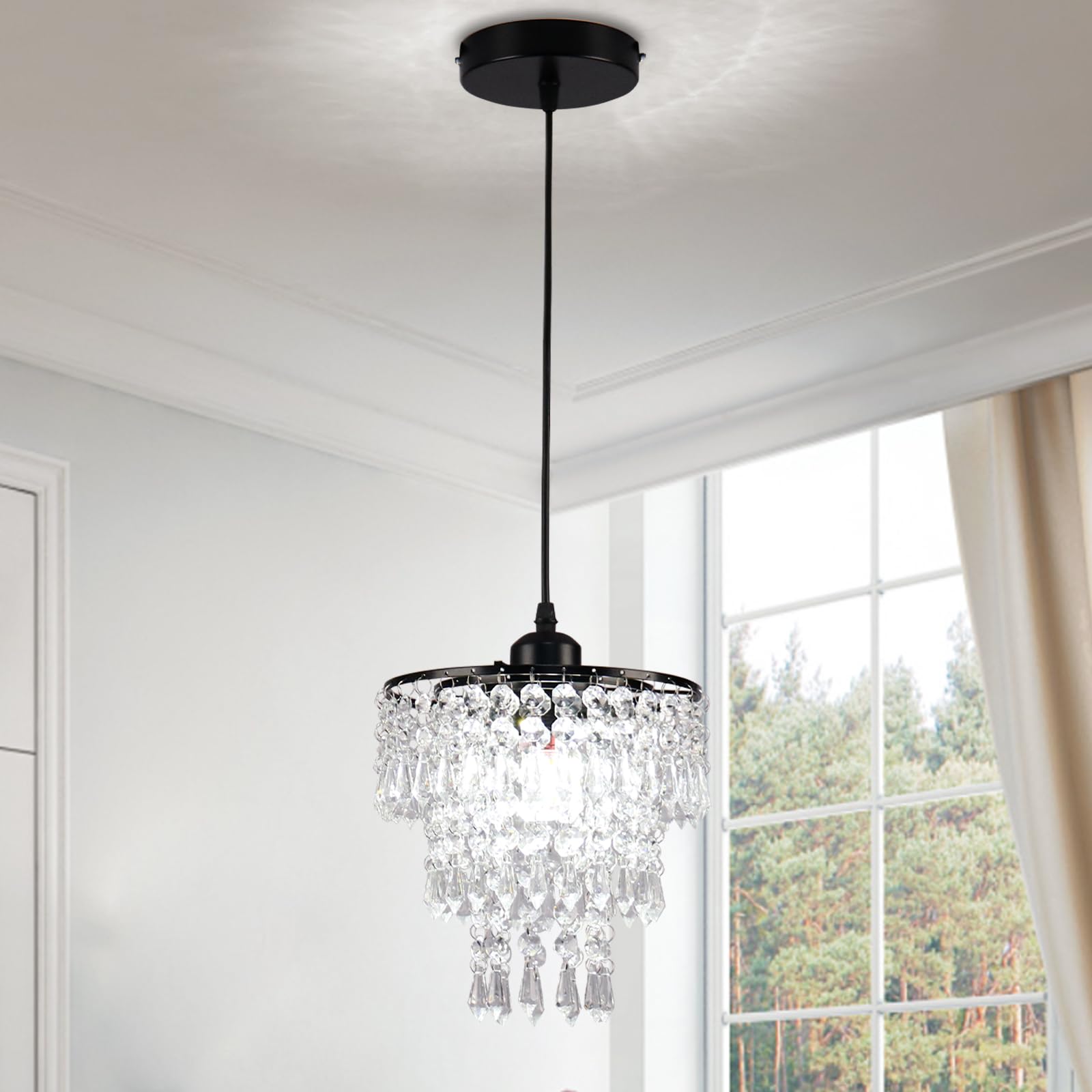 FRIXCHUR Black Small Crystal Chandelier Pendant Light Semi Flush Mount Ceiling Light for Hallway Foyer Closet Bedroom, 7.9 Inch