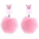 Gummy Bear Dangle Earrings Colorful Pom Pom Bear Drop Earrings Cartoon Plush Ball Earrings for Women Winter Jewelry