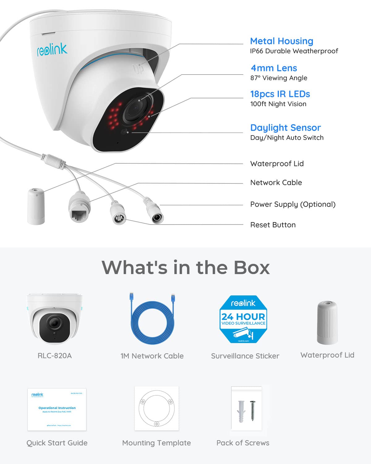 REOLINK 4K Outdoor Cameras for Home Security, IP PoE Dome Surveillance Camera with Human/Vehicle/Pet Detection, 25FPS Daytime, Work with Smart Home, Up to 256GB microSD Card, RLC-820A (Pack of 2)