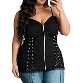 Nihsatin Women's Plus Size Lace up Ribbed Tops Casual T-Shirts Gothic Corset Top