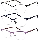 HOTJOJO 3 Pack Reading Glasses for Women, Metal Half Frame Blue Light Blocking Computer Readers, Filter UV Ray/Glare/blue ray Women’s Eyeglasses with Pouches (200 Magnification Strength)
