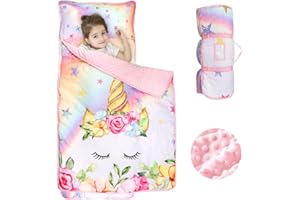 DAYEEBALL Toddler Nap Mat with Removable Pillow and Blanket, Soft Kids Napping Mats Extra Large Rolled Sleeping Mats for Daycare and Preschool, Travel and Camping, Pink Unicorn Ages 3-7 Years, Girls