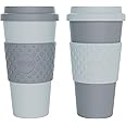 Copco Acadia 16oz Travel Mug with Lid, Set of 2 Double Wall Insulated Tumbler, Non-Slip Sleeve and BPA-Free - Microwave & Dishwasher Safe, Reusable Plastic To Go Travel Coffee Mug (Aqua/Gray)