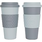 Copco Acadia 16oz Travel Mug with Lid, Set of 2 Double Wall Insulated Tumbler, Non-Slip Sleeve and BPA-Free - Microwave & Dishwasher Safe, Reusable Plastic To Go Travel Coffee Mug (Aqua/Gray)