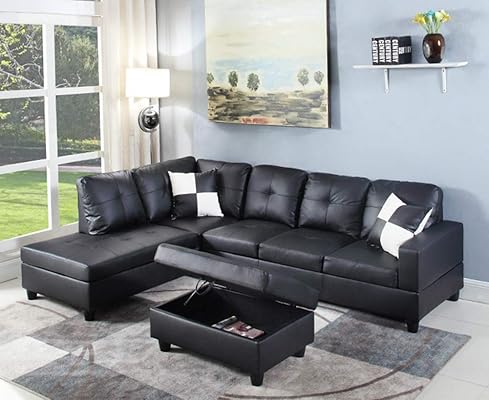 Left Hand Facing Chaise Modern L-Shaped Sectional Sofa, Black