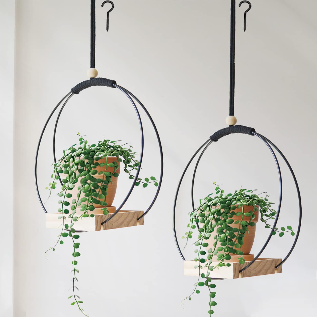 Photo 1 of Dravmola Plant Hangers Indoor with Wood Base -2 Pack Boho Macrame Hanging Plant Holder for Indoor Plants Hanging Planter for Wall/Window/Room Decor Black (Pot & Plant Not Included)