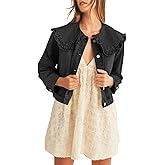 Takaneo Womens Denim Jacket Peter Pan Collar Cute Cropped Long Sleeve Shirts Jean Coat with Pockets