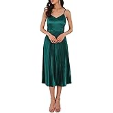 WOMLAYOUT Women's Satin Dress Party Cocktail Spaghetti Strap Pleated Midi Dresses