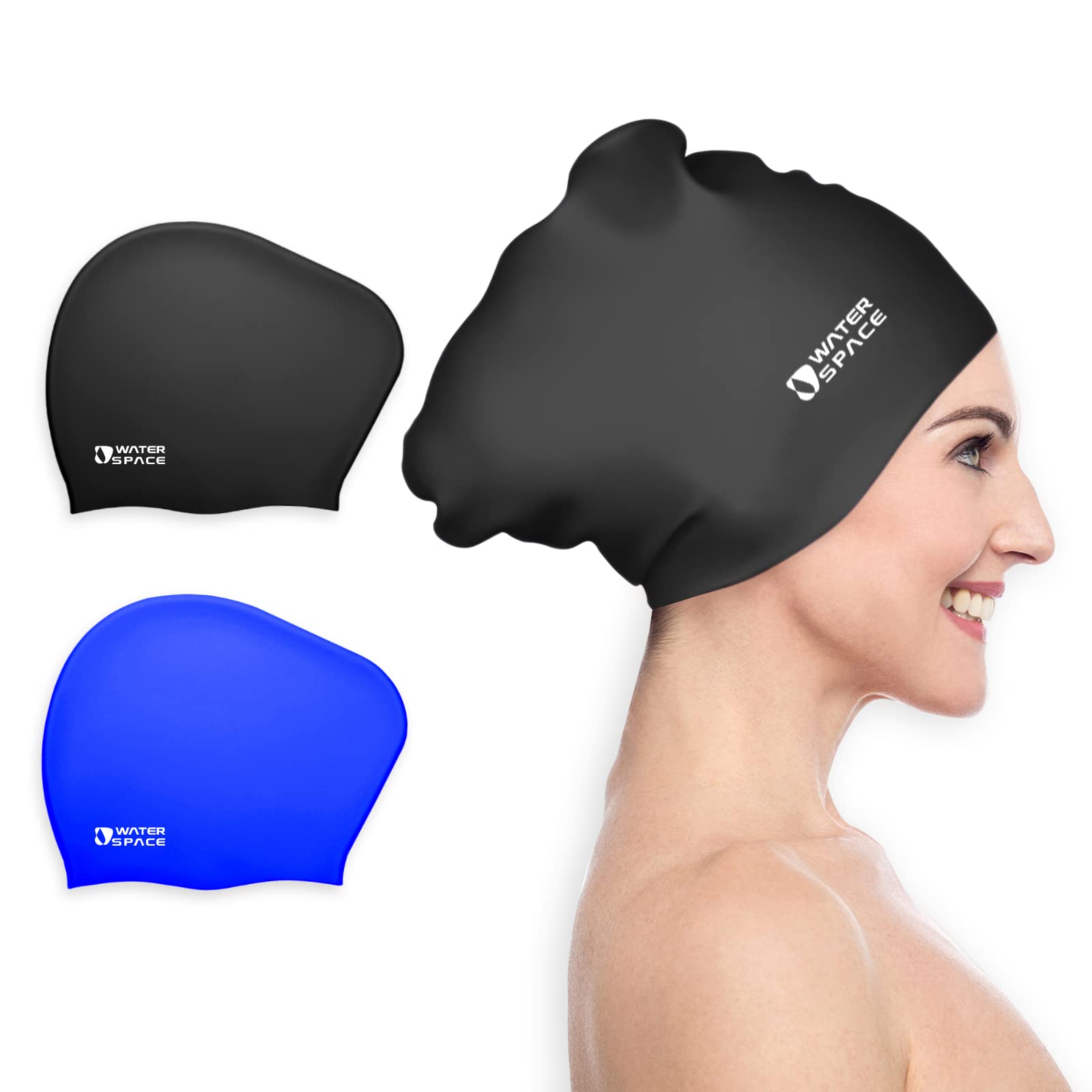 Water Space Swimming Cap for Women Ladies Man, Adult Swimming Caps for Long Hair, 2 Packs Waterproof Silicone Swimming Cap (Black & Blue)