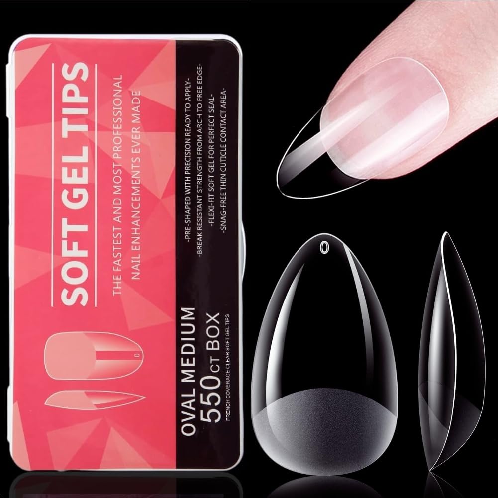 550pcs ABS Ultrathin Seamless Semi Scrub Nails,Nail Tips,11 Sizes Clear Soft Gel Nail Tips,Full Cover Pre-Shaped Fake Nails with Box for Nail Extension and Home DIY(Almond)
