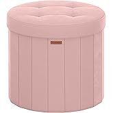 SONGMICS Mazie Collection - Round Storage Ottoman, Folding Footrest Stool with Removable Lid, Easy Assembly, Velvet Vanity Stool for Bedroom, Living Room, Entryway, Jelly Pink ULSF608R01