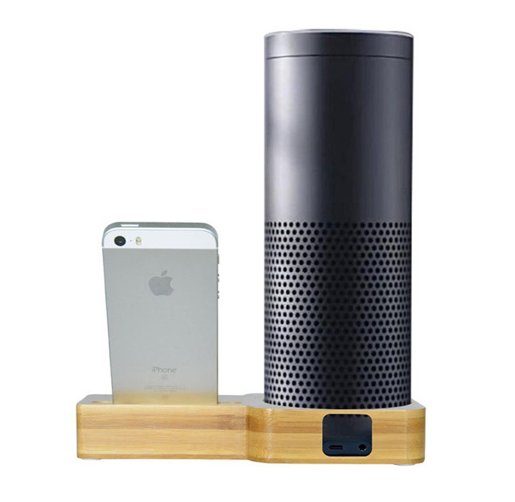 IOQSOF Speaker Stand for Echo and iPhone ,Bamboo Wood Charging Stand for Amazon Echo, Echo Plus and iPhone X/iPhone 8 and Samsung Galaxy & Most Smartphones
